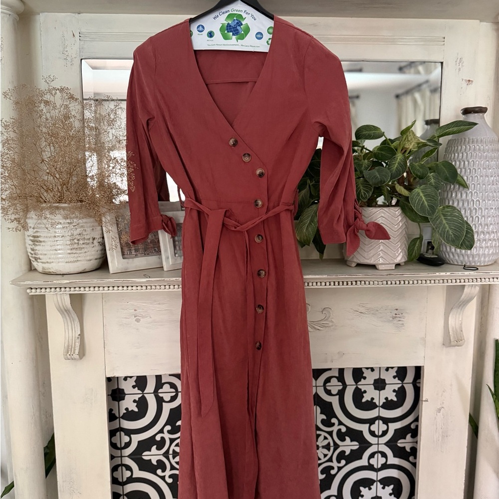 Hayden Rust Button-Front Midi Dress with Tie Waist